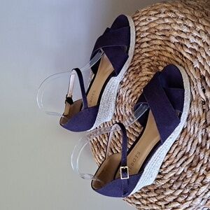Talbots Womens Navy Blue Canvas Wedge Espadrille Slingback Sandals‎ S-7.5